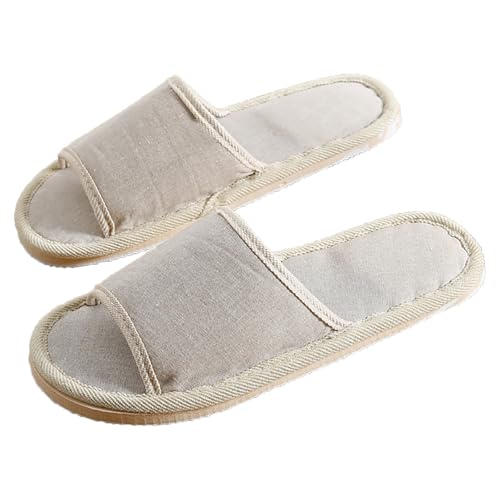 Leinen Hausschuhe Damen Offene Zehen Pantoffeln Sommer Pantoletten Flache Slides Bequeme Rutschfeste Slippers für den Innenbereich Leicht Atmungsaktiv Haushaltsschuhe Gästehausschuhe von Generisch