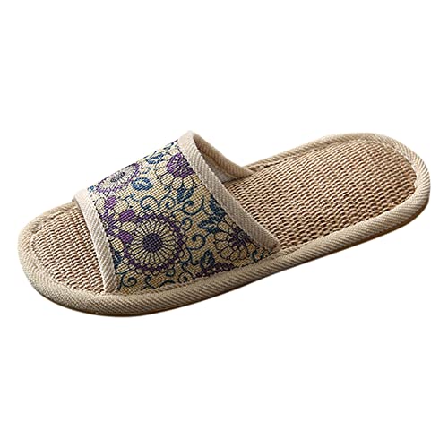 Leinen Hausschuhe Für Damen, Pantoffeln Damen Indoor Outdoor Anti-Rutsch Slipper Schlafzimmer Schlupfschuhe Offene Zehen Baumwollschuhe rutschfest Hausschuhen Waschbar Gästehausschuhe von Generisch