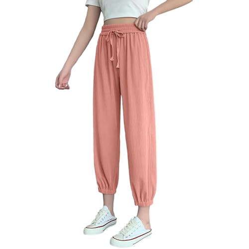 Leinen Hose Damen Freizeit Damen-Eisseide-Lange, elastische, hohe Taille, sommerliche, schlankmachende, lässige Sonnenschutz-Sporthose Übergröße Damen Hose 50/52 (Red, XL) von Generisch