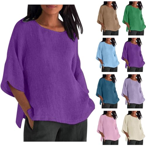 Leinen-Oberteile Damen Elegant Sommer Musselin Bluse 3/4 Arm Longshirt Große Größe Freizeithemd Leinen Langarmshirt Oberteile Locker Blusenshirt Lang Tunika Basic Shirt Oversized Longbluse von Generisch