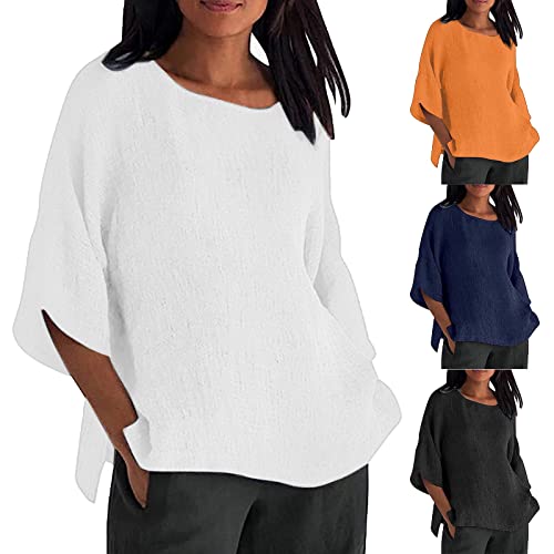 Leinen-Oberteile Damen Elegant Sommer Musselin Bluse 3/4 Arm Longshirt Große Größe Freizeithemd Leinen Langarmshirt Oberteile Locker Blusenshirt Lang Tunika Basic Shirt Oversized Longbluse von Generisch