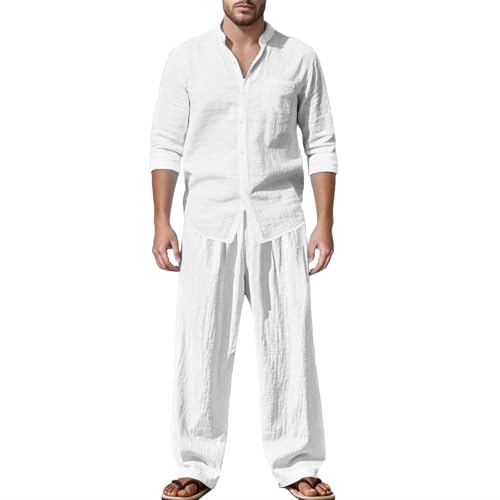 Leinen Outfits Herren Leicht und Atmungsaktiv Strandanzug Sommerhemd mit Geknöpft und Lang Hosen Freizeitanzug Sportanzug Lässiges Einfarbig Jogginganzug Zweiteiler Locker Pyjamas Set von Generisch
