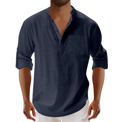 Leinen Pullover Herren Knöpfe Revers Langarmshirt Slim Fit Leinenhemd Modische Sommerpulli Sommer Strand Oberteile Regular Fit Herrenpullover Dünne Langarm Tshirt für Männer Bequem Jumper Top von Generisch