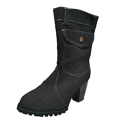 Leinen Schuhe Damen Sneaker Boots Schwarz Mode Damen Zehen runder Absatz Reißverschluss Winter Up Squared Schuhe Stiefel Vintage Fashion Canvas Damenstiefel StiefelCowboyStiefel Damen (Black, 42) von Generisch