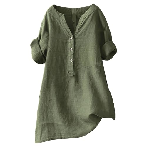 Leinen Shirt Damen Kurzarm Longbluse Elegant Leinenbluse Sommer Oversize Musselin-Bluse Oversized Große Größen Hemdbluse Lang Leinenhemd Schicke Oberteile Leinenblusen Longshirt Hemd von Generisch