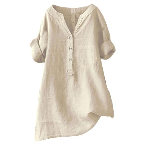 Leinen Shirt Damen Kurzarm Longbluse Elegant Leinenbluse Sommer Oversize Musselin-Bluse Oversized Große Größen Hemdbluse Lang Leinenhemd Schicke Oberteile Leinenblusen Longshirt Hemd von Generisch