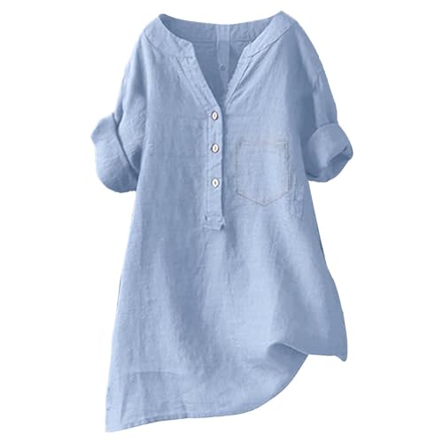 Leinen Shirt Damen Kurzarm Longbluse Elegant Leinenbluse Sommer Oversize Musselin-Bluse Oversized Große Größen Hemdbluse Lang Leinenhemd Schicke Oberteile Leinenblusen Longshirt Hemd von Generisch