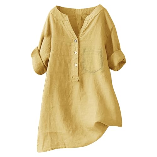 Leinen Shirt Damen Kurzarm Longbluse Elegant Leinenbluse Sommer Oversize Musselin-Bluse Oversized Große Größen Hemdbluse Lang Leinenhemd Schicke Oberteile Leinenblusen Longshirt Hemd von Generisch
