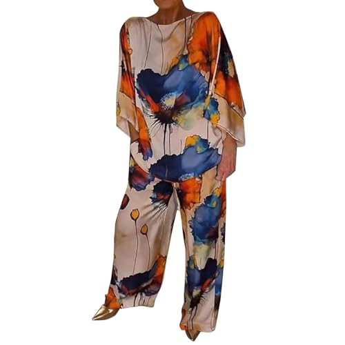 Leinenanzug für Damen, Sommer, lässiger Anzug für Leinenhemd mit langen Ärmeln, Knöpfe und Hose mit hoher Taille, Overalls in Übergröße, elegantes Sommer-Outfit, Trainingsanzug, breit, kurvig, blau von Generisch