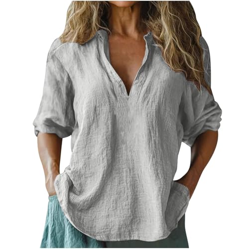Leinenbluse Damen 3/4 Sommer Musselin Bluse Baumwolle V-Ausschnitt Elegant Einfarbig Oversized Blusehemd Bequeme Atmungsaktive Lang LeinenHemd Tops Schicke Urlaub Oberteile Leinenshirt Blusenshirt von Generisch