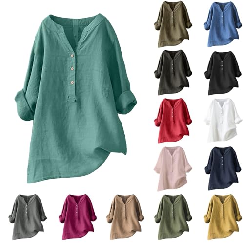 Leinenbluse Damen Bluse Oversize Langarm Shirt Baumwolle Leinen Hemdbluse Elegant Knöpfen Longbluse Festliche Oberteil Einfarbig Lose Leinenoberteile Langarmshirt von Generisch