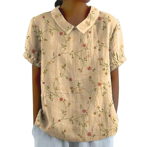 Leinenbluse Damen Elegante Kurzarm Baumwolle Leinen Tshirt Leinenshirt Oversized Lässiges Musselin Oberteile Button Down Hemdbluse Tunika Top Sommer Tshirts Shirt Damen Kurzarm V von Generisch