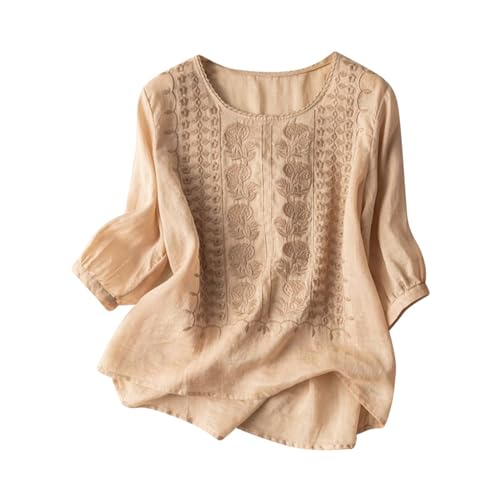 Leinenbluse Damen Günstig Elegante Stickerei Baumwolle Leinen Tshirt Leinenshirt Lose Kurzarm Blusen Frau Musselin Bluse Einfarbig T-Shirt V Ausschnitt Casual Top Freizeit Leinenhemd von Generisch