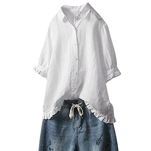 Leinenbluse Damen Langarm Elegant V-Ausschnitt Hemdbluse Musselin Blusenshirt 3/4 Ärmel Button Down Oberteile Tunika Einfarbig Revers Hemd Damenblusen Frühling Baumwolle Leinen Bluse Sommer Blusen von Generisch