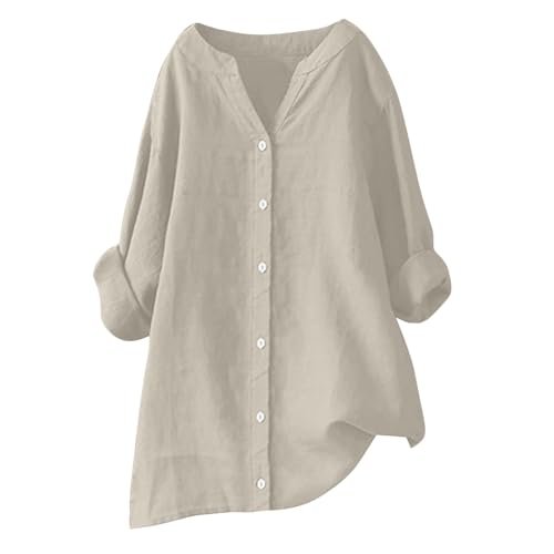 Leinenbluse Damen Longshirt 3/4 Ärmel Musselin Blusenshirt V-Ausschnitt Tunika Tops Sommer Oberteile Einfarbig Leinenhemd Baumwolle Leinen Shirt Button Down Leinenshirt Urlaub Locker Longbluse von Generisch