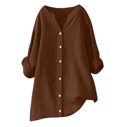 Leinenbluse Damen Longshirt 3/4 Ärmel Musselin Blusenshirt V-Ausschnitt Tunika Tops Sommer Oberteile Einfarbig Leinenhemd Baumwolle Leinen Shirt Button Down Leinenshirt Urlaub Locker Longbluse von Generisch