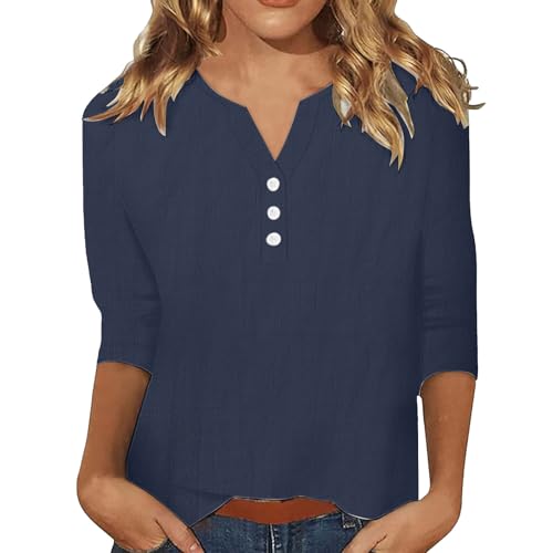 Leinenbluse Damen Modisch Casual Kurzarm Elegant Vintage Lässiges Top Musselin Oberteile Locker V-Ausschnitt Blusen Bequemes Leichte Modisch Lose Kurzarm Tshirt Leinenshirt Button Down Hemdbluse von Generisch