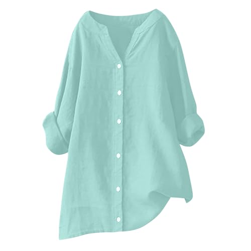 Leinenbluse Damen Musselin Bluse Damen Elegant Einfarbig Tunika Sommer Oversize Tshirt Baumwolle Leinen Longbluse Mode Casual Oberteil Langarm V-Ausschnitt Pullover Große Größen Lang Hemd Tops von Generisch
