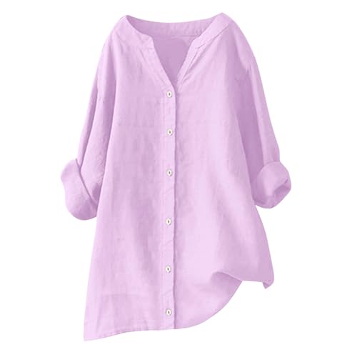 Leinenbluse Damen Musselin Bluse Damen Elegant Einfarbig Tunika Sommer Oversize Tshirt Baumwolle Leinen Longbluse Mode Casual Oberteil Langarm V-Ausschnitt Pullover Große Größen Lang Hemd Tops von Generisch