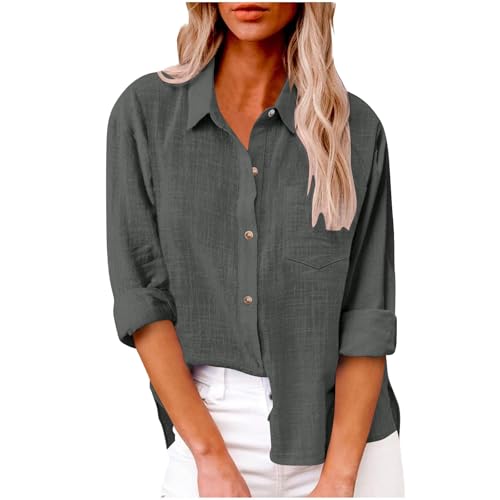Leinenbluse Damen Musselin Bluse Revers Einreihiges Shirt Langarm/Kurzarm Hemd Einfarbig Regular Fit Tops Große Größen Leinenhemd Baumwolle Leinen Oberteile Sommer T-Shirt Lässige Longbluse Hemdbluse von Generisch
