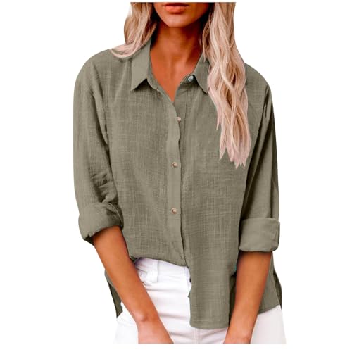 Leinenbluse Damen Musselin Bluse Revers Einreihiges Shirt Langarm/Kurzarm Hemd Einfarbig Regular Fit Tops Große Größen Leinenhemd Baumwolle Leinen Oberteile Sommer T-Shirt Lässige Longbluse Hemdbluse von Generisch