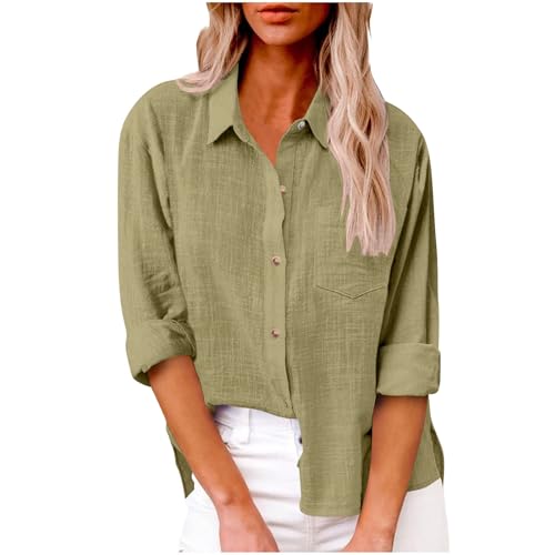 Leinenbluse Damen Musselin Bluse Revers Einreihiges Shirt Langarm/Kurzarm Hemd Einfarbig Regular Fit Tops Große Größen Leinenhemd Baumwolle Leinen Oberteile Sommer T-Shirt Lässige Longbluse Hemdbluse von Generisch
