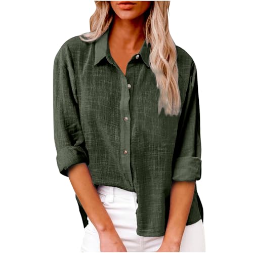 Leinenbluse Damen Musselin Bluse Revers Einreihiges Shirt Langarm/Kurzarm Hemd Einfarbig Regular Fit Tops Große Größen Leinenhemd Baumwolle Leinen Oberteile Sommer T-Shirt Lässige Longbluse Hemdbluse von Generisch
