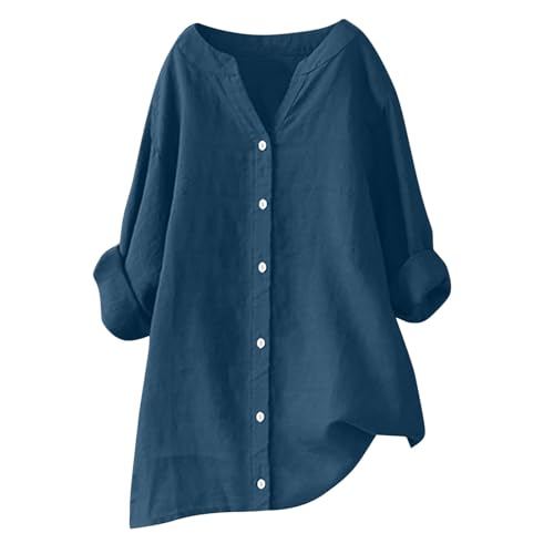 Leinenbluse Damen Sommer Baumwolle Leinen Bluse Langarm Elegant Musselin Bluse Große Größen Damen Revers Knopfleiste Blusenshirt Einfarbig Casual Longbluse Hemdbluse Freizeit Longshirt Blusenshirt von Generisch