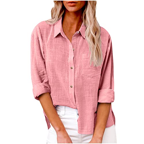 Leinenbluse Damen Sommer Baumwolle Leinen Bluse Langarm Elegant Musselin Bluse Große Größen Damen Revers Knopfleiste Blusenshirt Frühling Urlaub Einfarbig Casual Longbluse Hemdbluse mit Taschen von Generisch