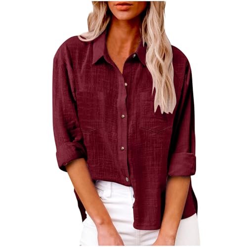 Leinenbluse Damen Sommer Baumwolle Leinen Bluse Langarm Elegant Musselin Bluse Große Größen Damen Revers Knopfleiste Blusenshirt Frühling Urlaub Einfarbig Casual Longbluse Hemdbluse mit Taschen von Generisch