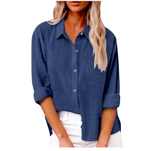 Leinenbluse Damen Sommer Baumwolle Leinen Bluse Langarm Elegant Musselin Bluse Große Größen Damen Revers Knopfleiste Blusenshirt Frühling Urlaub Einfarbig Casual Longbluse Hemdbluse mit Taschen von Generisch