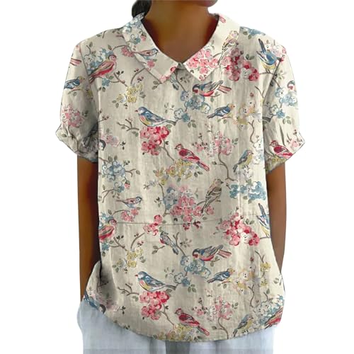 Leinenbluse Damen Sommer Blusen Tops Revers Leicht Hemden Oberteile Blumendruck Vintage Freizeithemd Leinenhemd Basic Shirt Casual Blusehemd Blusentop Tunika von Generisch