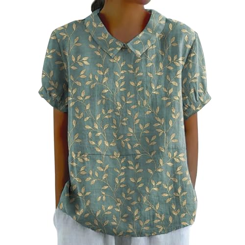 Leinenbluse Damen Sommer Blusen Tops Revers Leicht Hemden Oberteile Blumendruck Vintage Freizeithemd Leinenhemd Basic Shirt Casual Blusehemd Blusentop Tunika von Generisch