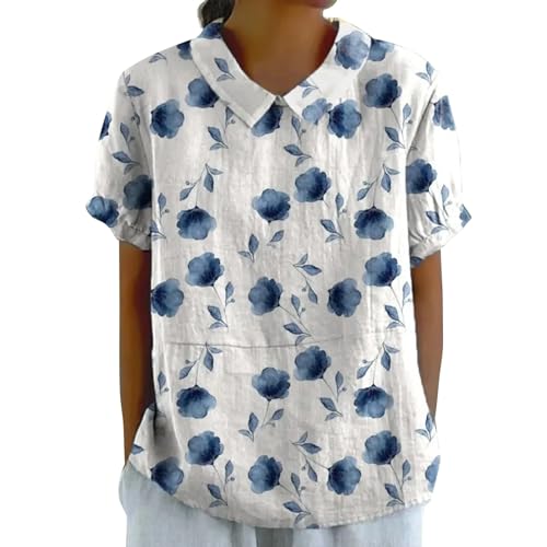 Leinenbluse Damen Sommer Blusen Tops Revers Leicht Hemden Oberteile Blumendruck Vintage Freizeithemd Leinenhemd Basic Shirt Casual Blusehemd Blusentop Tunika von Generisch