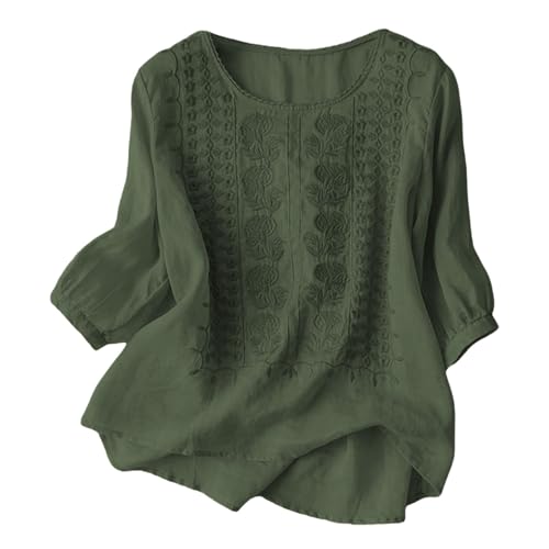 Leinenbluse Damen Sommer Musselin Tshirt Retro Große Größen 3/4 Arm Oberteile Mit Stickerei Muster Leinenhemd Lässig Tunika Locker Blusen Boho Leicht Sommershirt Green M von Generisch