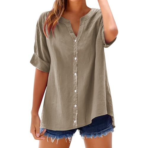 Leinenbluse Damen V-Ausschnitt Einfarbig Kurzarm Baumwolle Leinen T-Shirt Oversized Leinenshirt Button Down Hemdbluse Tunika 2025 Sommer Tops Blusen & Tuniken Für Damen Sommergeschenk von Generisch
