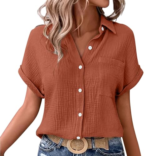 Leinenbluse Damen V-Ausschnitt Einfarbig Kurzarm Baumwolle Leinen T-Shirt Oversized Leinenshirt Button Down Hemdbluse Tunika 2025 Sommer Tops Damen Oberteile Sommer Bequem Und Vielseitig von Generisch