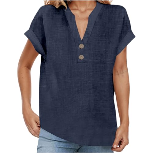 Leinenbluse Damen V-Ausschnitt Plus Größe S-5XL Einfarbig Kurzarm Baumwolle Leinen T-Shirt Oversized Leinenshirt Button Down Hemdbluse Tunika 2025 Sommer Tops von Generisch