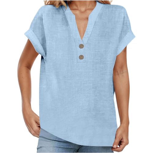 Leinenbluse Damen V-Ausschnitt Plus Größe S-5XL Einfarbig Kurzarm Baumwolle Leinen T-Shirt Oversized Leinenshirt Button Down Hemdbluse Tunika 2025 Sommer Tops von Generisch