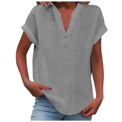 Leinenbluse Damen V-Ausschnitt Plus Größe S-5XL Einfarbig Kurzarm Baumwolle Leinen T-Shirt Oversized Leinenshirt Button Down Hemdbluse Tunika 2025 Sommer Tops von Generisch