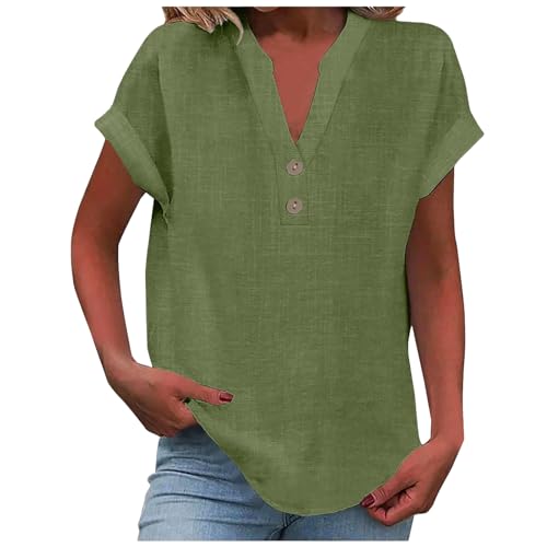 Leinenbluse Damen V-Ausschnitt Plus Größe S-5XL Einfarbig Kurzarm Baumwolle Leinen T-Shirt Oversized Leinenshirt Button Down Hemdbluse Tunika 2025 Sommer Tops von Generisch