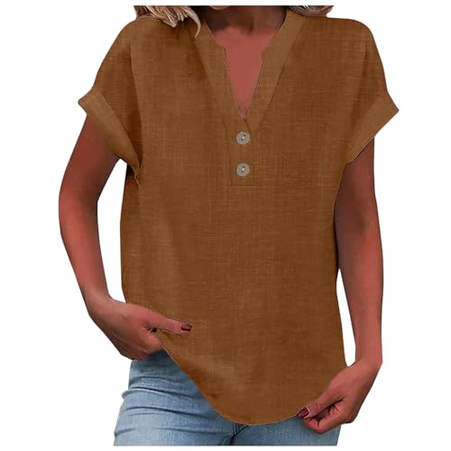Leinenbluse Damen V-Ausschnitt Plus Größe S-5XL Einfarbig Kurzarm Baumwolle Leinen T-Shirt Oversized Leinenshirt Button Down Hemdbluse Tunika 2025 Sommer Tops von Generisch