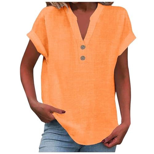 Leinenbluse Damen V-Ausschnitt Plus Größe S-5XL Einfarbig Kurzarm Baumwolle Leinen T-Shirt Oversized Leinenshirt Button Down Hemdbluse Tunika 2025 Sommer Tops von Generisch