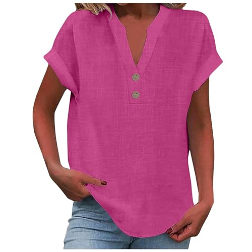 Leinenbluse Damen V-Ausschnitt Plus Größe S-5XL Einfarbig Kurzarm Baumwolle Leinen T-Shirt Oversized Leinenshirt Button Down Hemdbluse Tunika 2025 Sommer Tops von Generisch