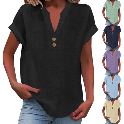 Leinenbluse Damen V-Ausschnitt Plus Größe S-5XL Einfarbig Kurzarm Baumwolle Leinen T-Shirt Oversized Leinenshirt Button Down Hemdbluse Tunika 2025 Sommer Tops von Generisch