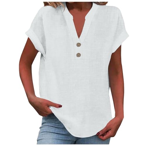 Leinenbluse Damen V-Ausschnitt Plus Größe S-5XL Einfarbig Kurzarm Baumwolle Leinen T-Shirt Oversized Leinenshirt Button Down Hemdbluse Tunika 2025 Sommer Tops von Generisch