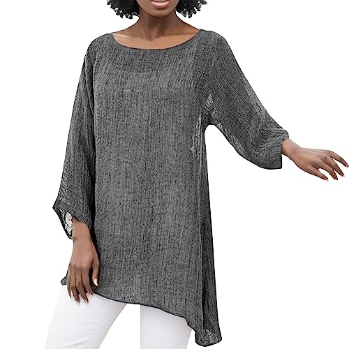 Leinenhemd Damen Lang Oberteile 3/4 Arm Baumwolle Leinen Shirt Große Größe Lockere Asymmetrisch Hem Langarmshirt Longshirt Vintage Casual Sommer Leinenbluse Blusenshirt Leicht Tunika Hemden Top von Generisch