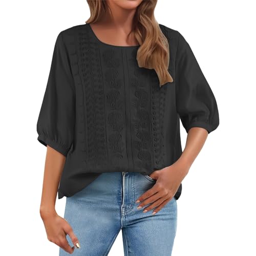 Leinenhemd Damen Rundhalsausschnitt 3/4-Arm Sommer Vintage Folklore Damenblusen mit Stickerei Muster Leicht und Luftig Basic Lässiges Bequemes Boho Tops Atmungsaktive Strand Shirt von Generisch
