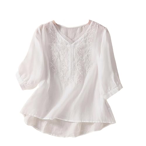 Leinenhemd Damen Sommer Modisch Licht Hemdbluse V-Ausschnitt Leinenhemd Baumwolle Und Leinen Langarmshirts Bestickte Hemden Halbarm Freizeitoberteile Vintage Boho Tops Oversized Oberteil von Generisch