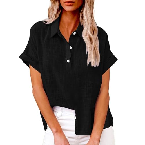 Leinenhemd Damen Sommer Musselin Bluse Damen Oversized Leinenbluse Elegant Einfarbig Hemdbluse Atmungsaktive Langarm/Kurzarm Blusenshirt Basic Top Große Größen Blusen & Tuniken für Damen von Generisch